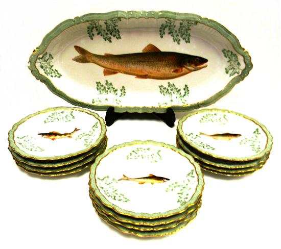 Appraisal: Limoges fish service thirteen pieces rainbow trout central motif with