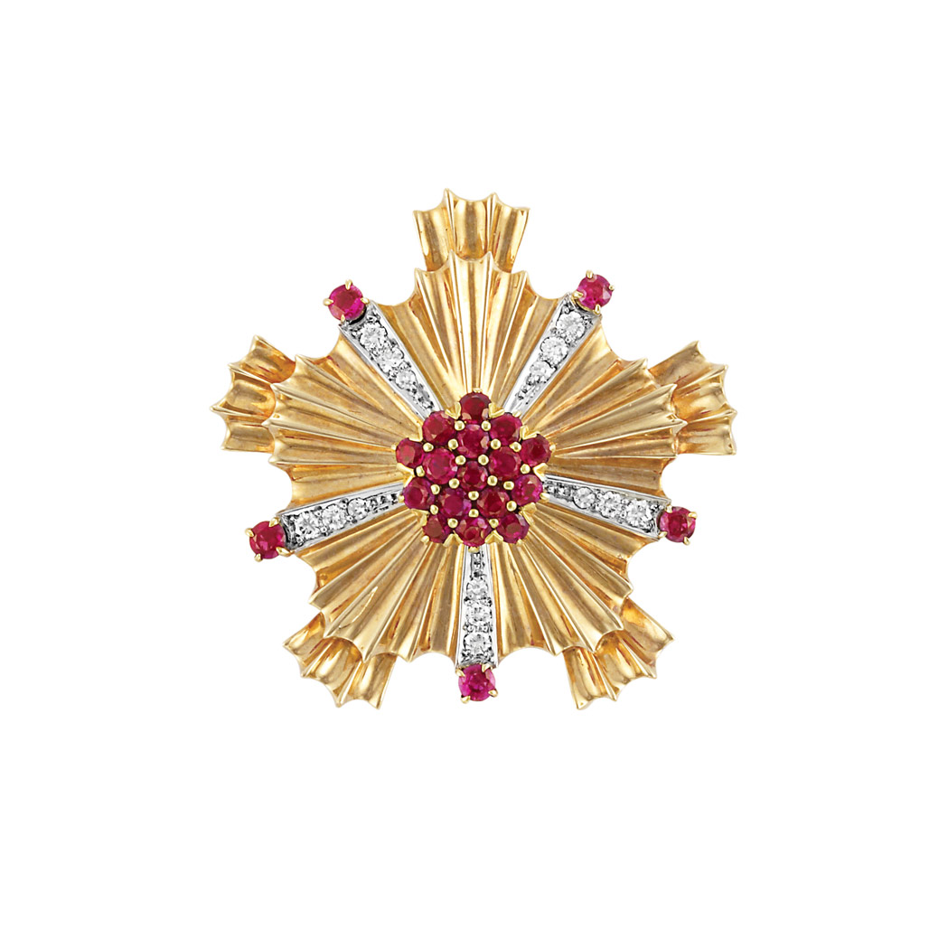 Appraisal: Gold Ruby and Diamond Clip-Brooch Tiffany Co Signed Tiffany Co