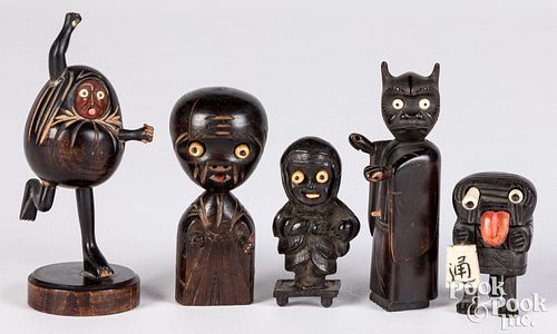 Appraisal: FIVE CARVED AND PAINTED WOOD STATIC KOBE FIGURES Five carved