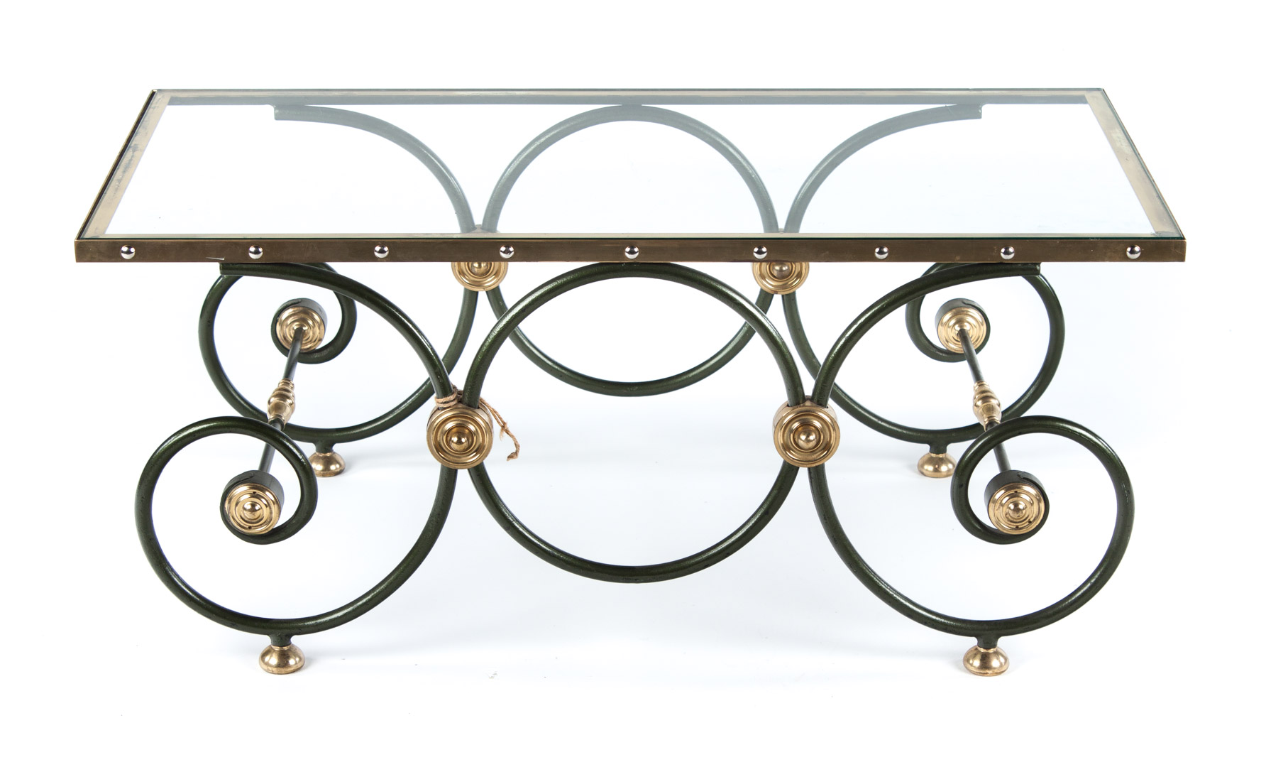 Appraisal: Contemporary coffee table wrought verde antiqua iron brass and glass