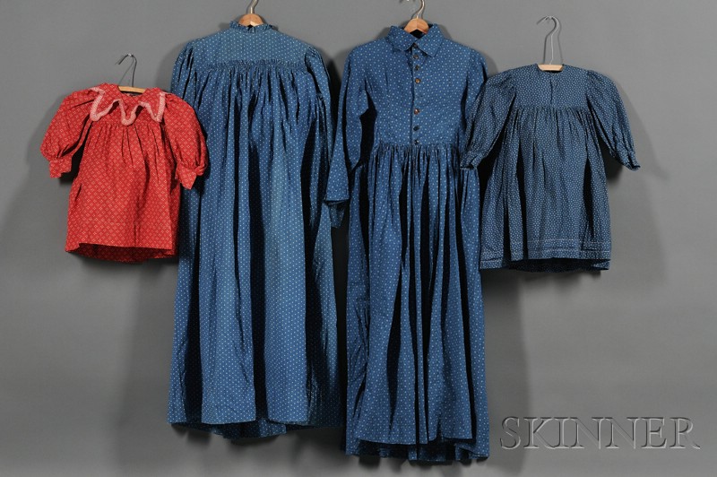 Appraisal: Four Handmade Printed Cotton Dresses America th century two blue