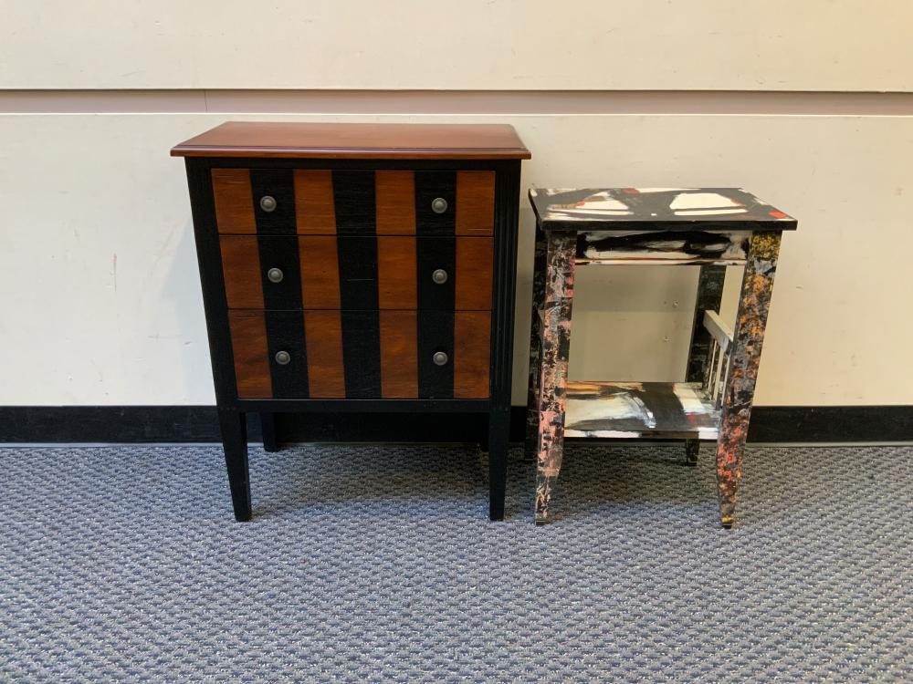 Appraisal: MODERN PARTIAL EBONIZED FRUITWOOD THREE-DRAWER CHEST AND A HAND PAINTED