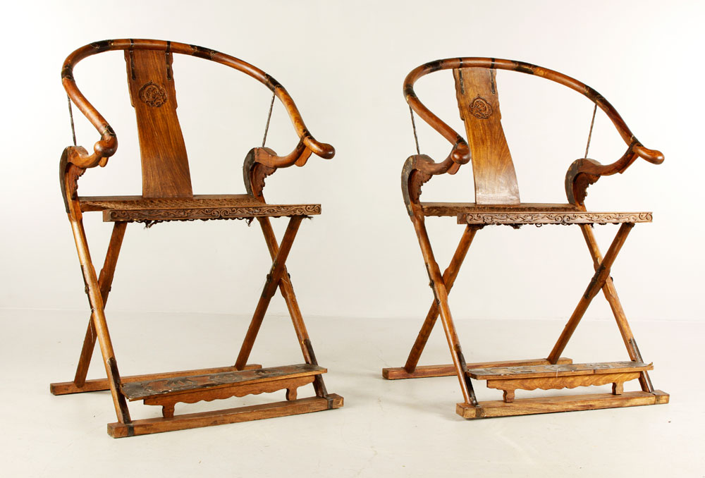 Appraisal: - Pr Chinese Huanghuali Wood Folding Chairs Pair of huanghuali