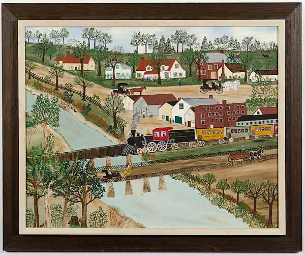 Appraisal: Folk Art Railroad Scene by Tella Kitchen Oil on Board