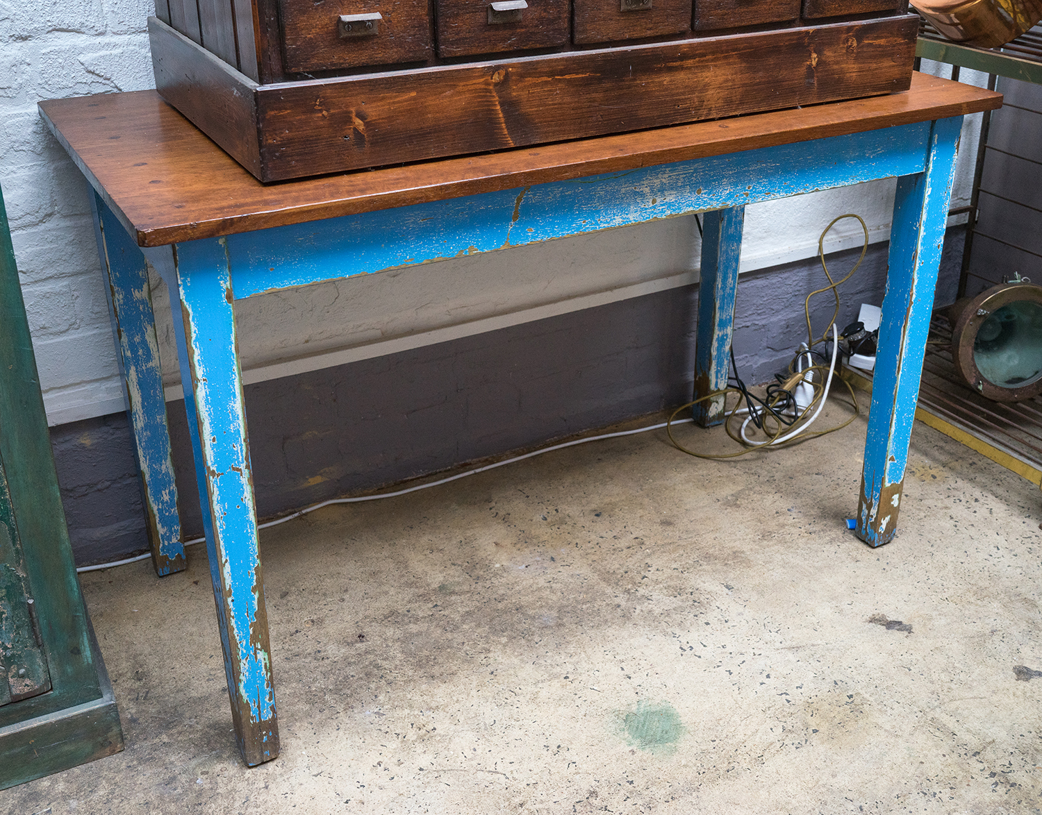 Appraisal: A RUSTIC SIDE TABLE WITH DISTRESSED BLUE PAINTWORK