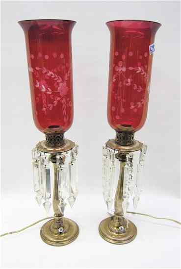 Appraisal: PAIR AMERICAN CUT GLASS TABLE LAMPS each having red shade