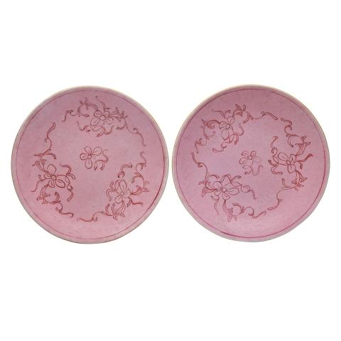 Appraisal: Pair of Pink Ground Famille Rose Dishes Jiaqing Mark and