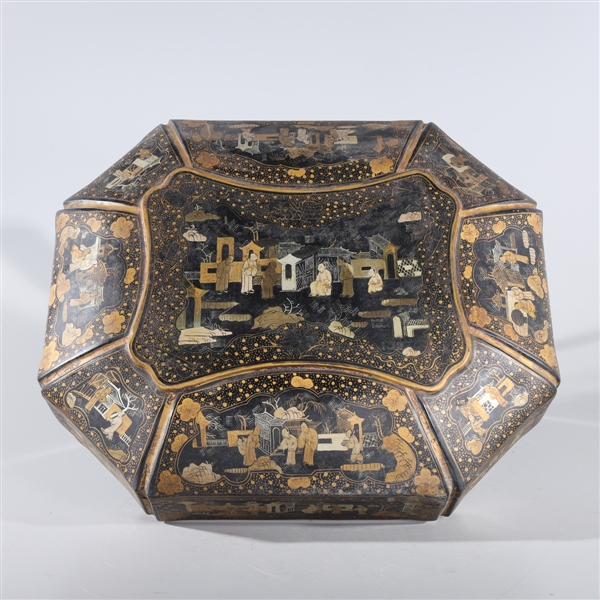 Appraisal: Chinese gilt lacquer covered octagonal box with figures and landscapes