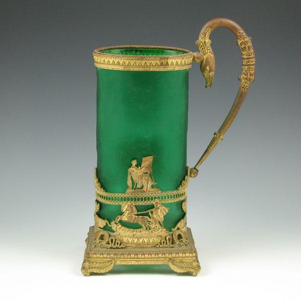 Appraisal: Rare Steuben pitcher or vase with green glass insert brass