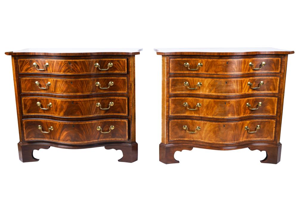 Appraisal: PAIR OF BAKER CHIPPENDALE-STYLE SERPENTINE-FRONT MAHOGANY COMMODESeach with four drawers