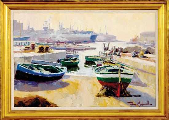 Appraisal: Francisco Carbonell Spanish b FISHING BOATS AT A WHARF oil