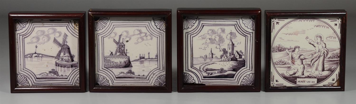 Appraisal: Framed th Century Dutch tiles manganese glaze one with religious