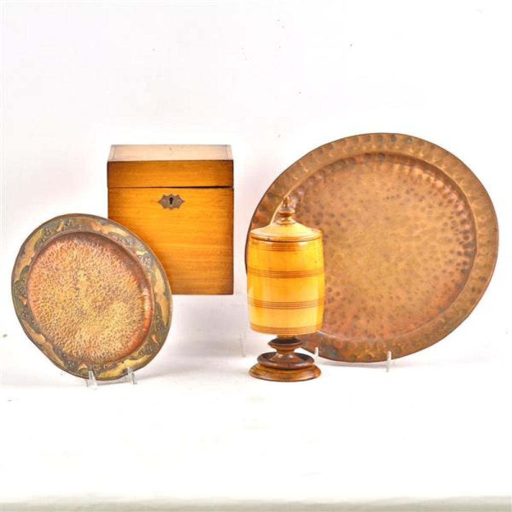 Appraisal: FOUR PC TWO HAMMERED COPPER TRAY AND PLATE WITH EMBOSSED