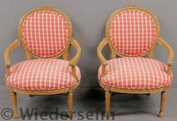 Appraisal: Pair of French style fauteuils h x w x d