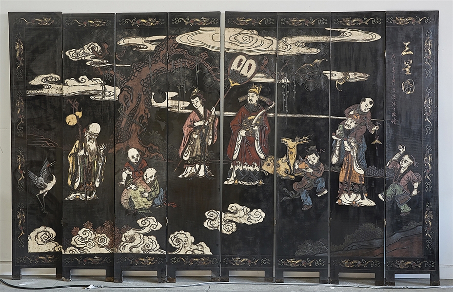 Appraisal: Chinese eight-panel painted wood screen depicting figures in a landscape