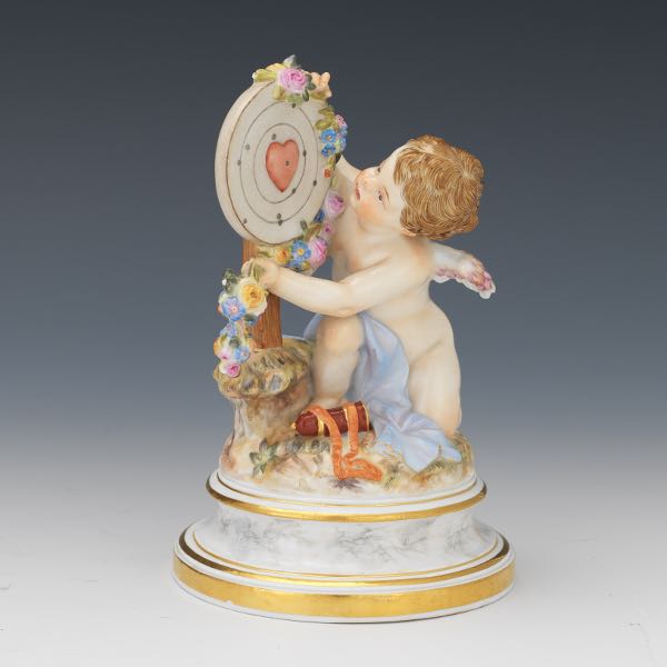 Appraisal: MEISSEN PORCELAIN CABINET FIGURINE OF CUPID CHECKING TARGET BOARD WITH