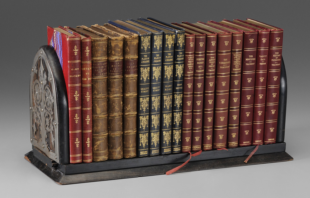 Appraisal: Seventeen Leather Bound Books Adjustable Ebony Bookends eight volumes The