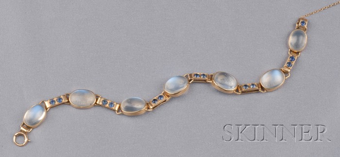 Appraisal: kt Gold Moonstone and Sapphire Bracelet Parenti bezel-set with seven