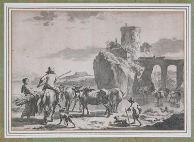 Appraisal: After Philips Wouverman Rustics with cattle by ruins A pair