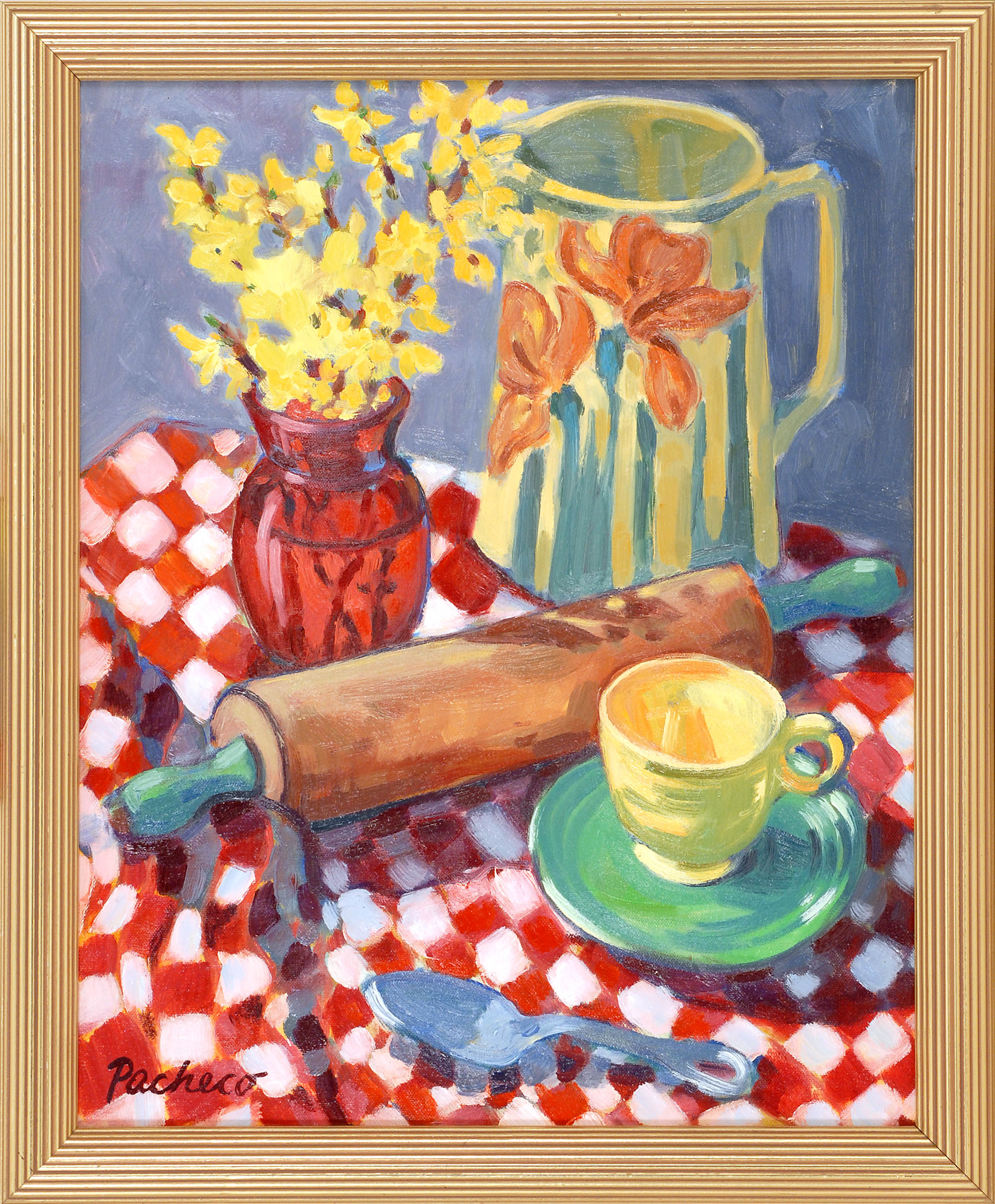 Appraisal: SUZIE PACHECOMassachusetts ContemporaryTabletop still life of a rolling pin flower-filled