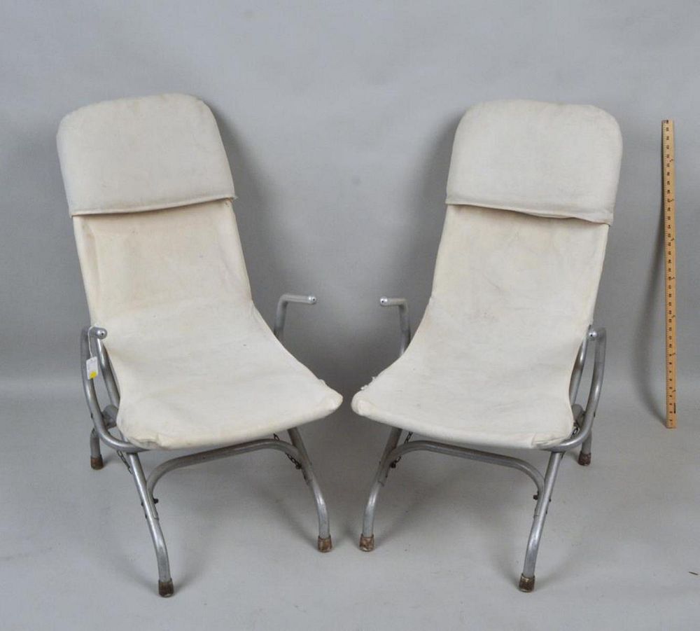 Appraisal: Pair Mid-Century Folding Aluminum Lounge Chairs aluminum tube frames and