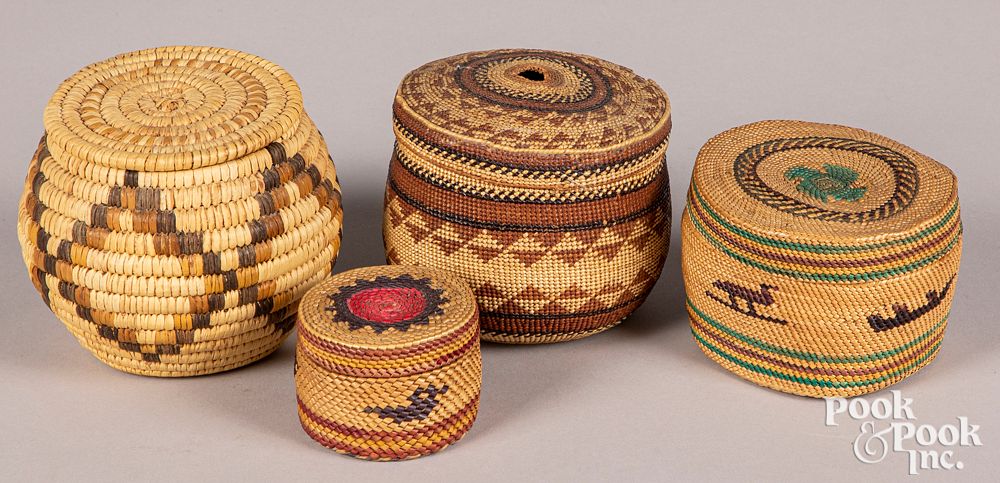 Appraisal: Four small Western Indian lidded baskets Four small Western Indian