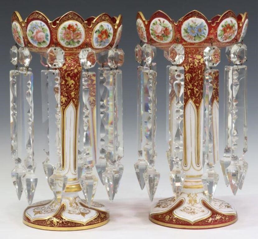 Appraisal: pair Bohemian Moser style overlay cranberry glass mantel lusters having