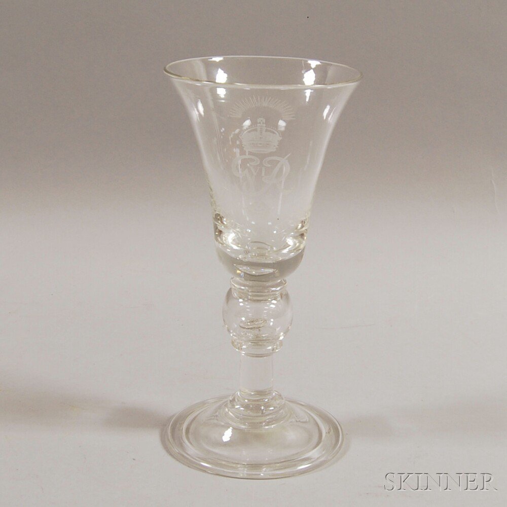 Appraisal: Blown and Etched Glass Commemorative Chalice England commemorating the coronation