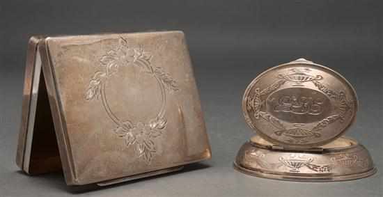 Appraisal: Two engraved silver boxes powder box - Continental unmarked probably