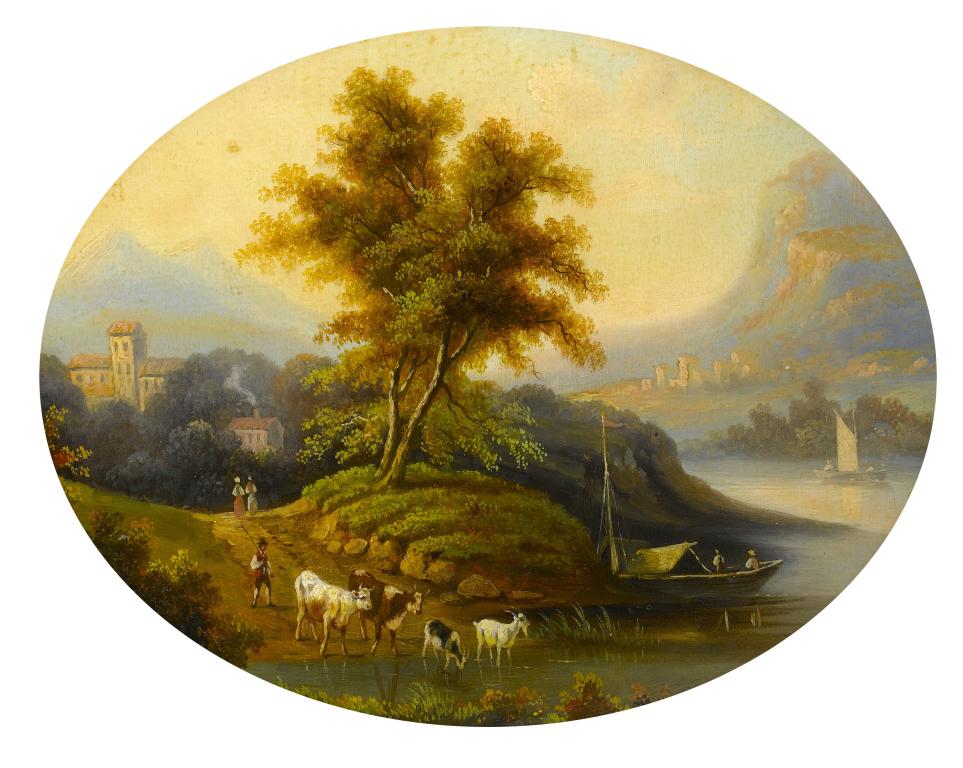 Appraisal: CONTINENTAL SCHOOL TH CENTURY RIVER LANDSCAPE WITH A DROVER AND