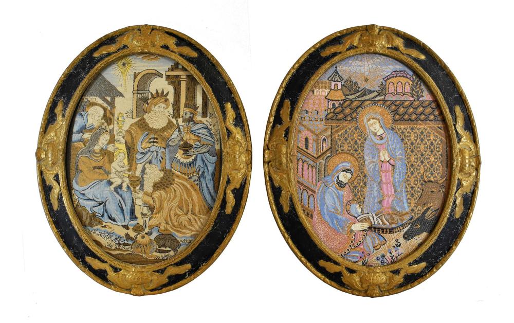 Appraisal: PAIR OF CONTINENTAL FRAMED OVAL TAPESTRY PANELSEach depicting scenes from