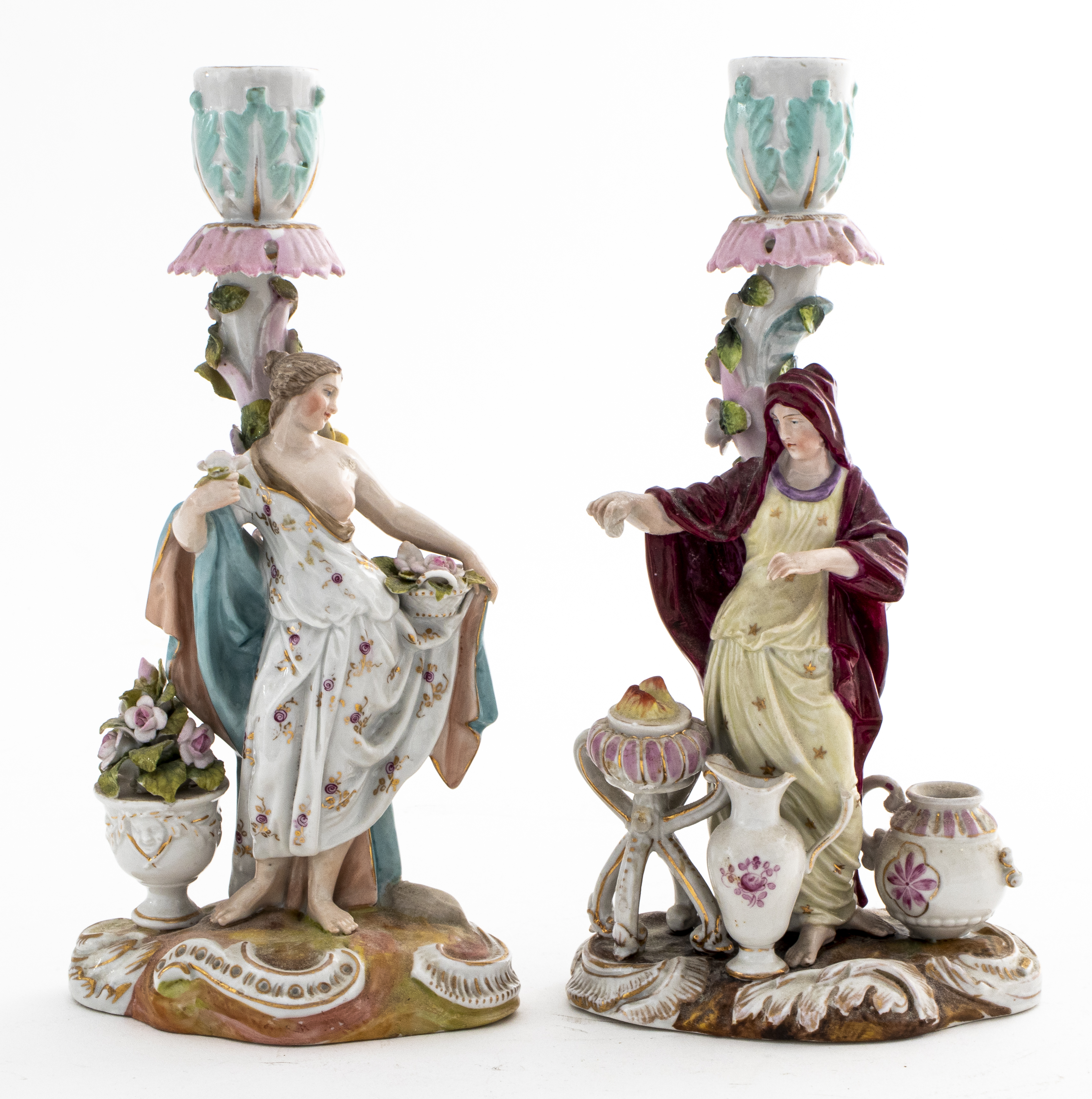 Appraisal: DRESDEN PORCELAIN FIGURAL CANDLESTICKS PAIR Pair of Dresden porcelain figural