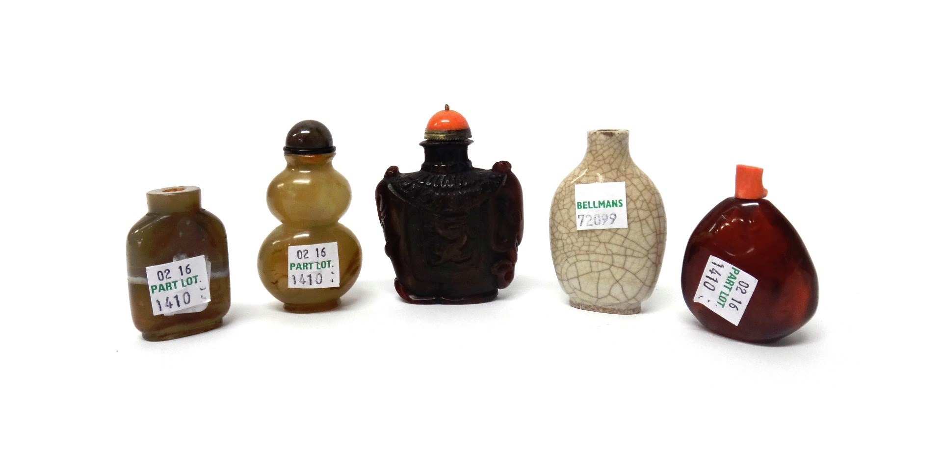 Appraisal: Five Chinese snuff bottles th century comprising a stained horn