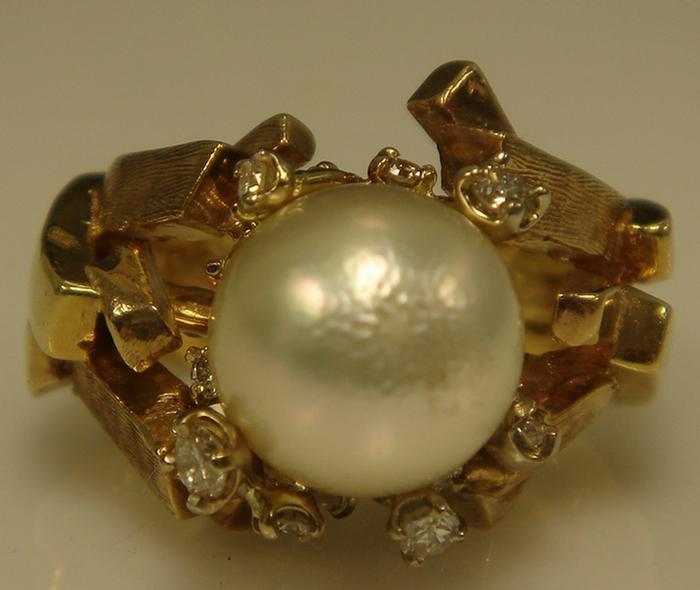 Appraisal: K yg Pearl and Diamond Ring Heavy setting with a