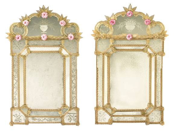 Appraisal: A pair of Venetian acid etched and colored glass mirrors