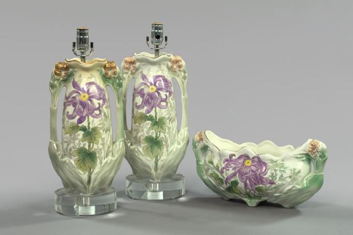 Appraisal: Three-Piece Luneville Pottery Mantel Garniture in the Art Nouveau Style