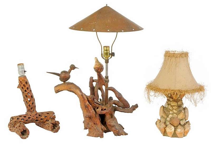 Appraisal: Three American Folk Art Lamps th century twig form lamp