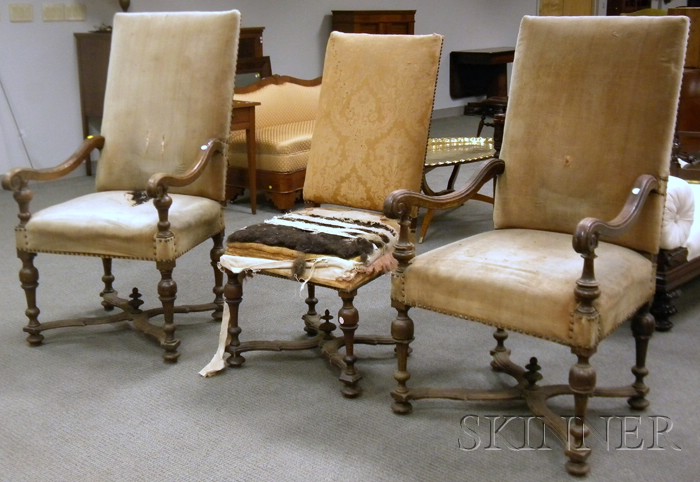 Appraisal: Two Baroque Upholstered Carved Walnut Armchairs and a Side Chair