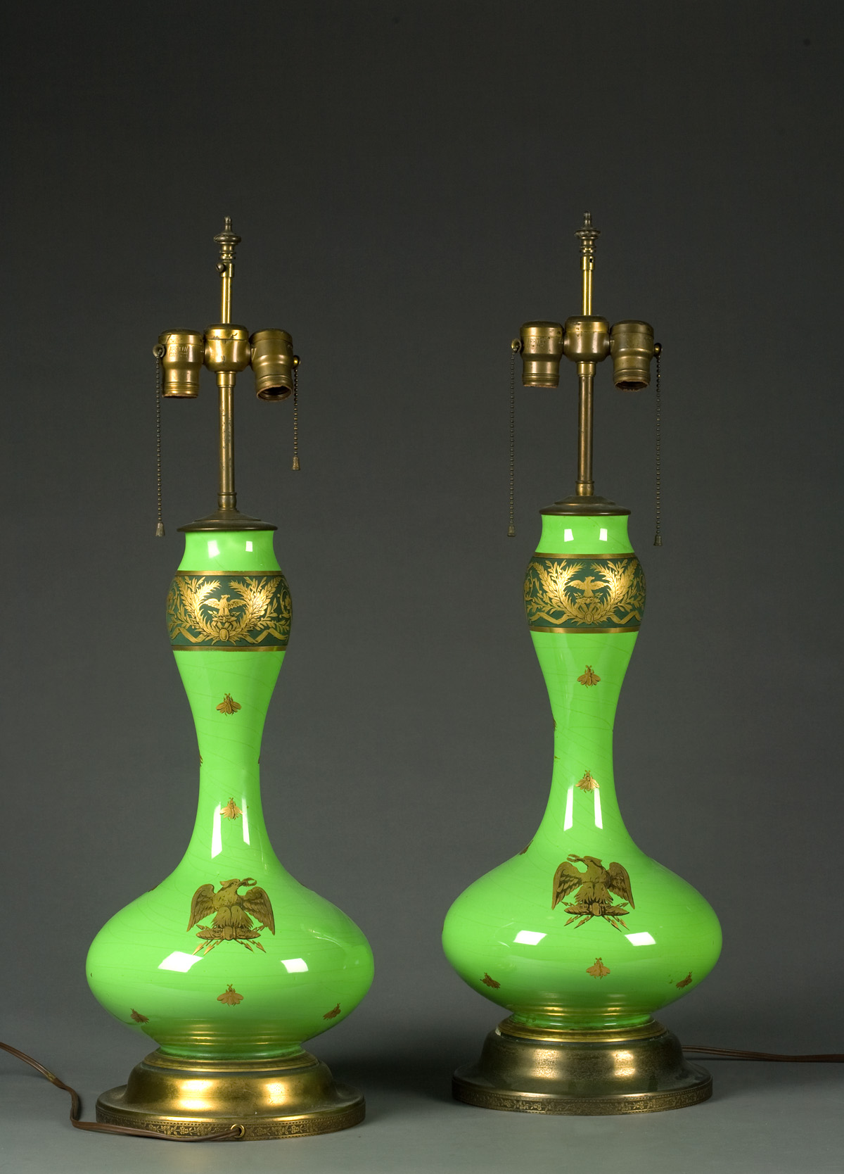 Appraisal: PAIR OF FRENCH GILT-DECORATED GREEN OPALINE GLASS VASES LATE NINETEENTH