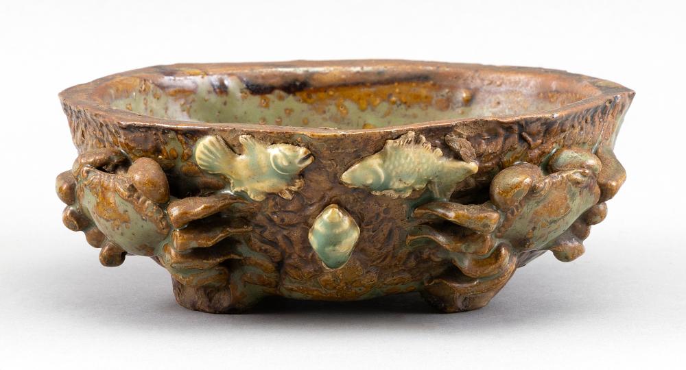 Appraisal: CHINESE BROWN AND GREEN GLAZE POTTERY BOWL WITH APPLIED CRABS