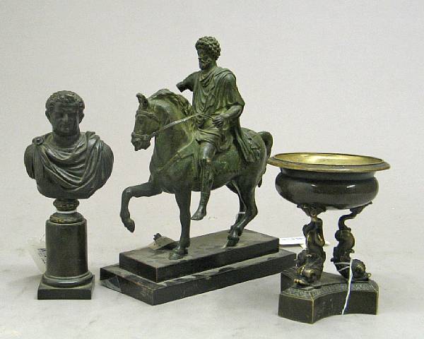 Appraisal: Two patinated bronze figures of Roman Emperors and mantel urn