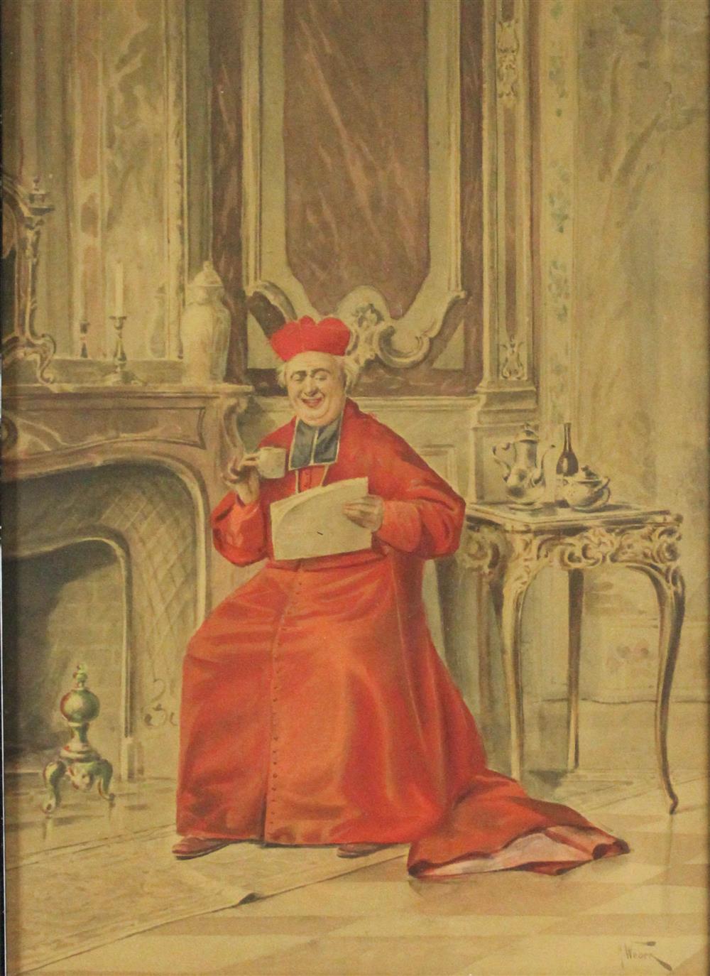 Appraisal: ALFRED WEBER SWISS - CARDINAL BY THE FIREPLACE Watercolor x