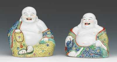 Appraisal: A Pair of Laughing Buddha Ceramic Figures Both carry prayer