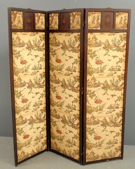 Appraisal: - Three-part mahogany screen th c the panel tops with