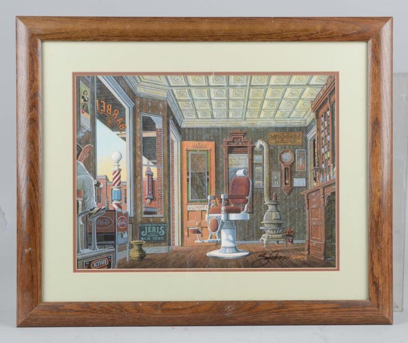 Appraisal: Barber Shop Painting Signed Print In Frame Nice print shows