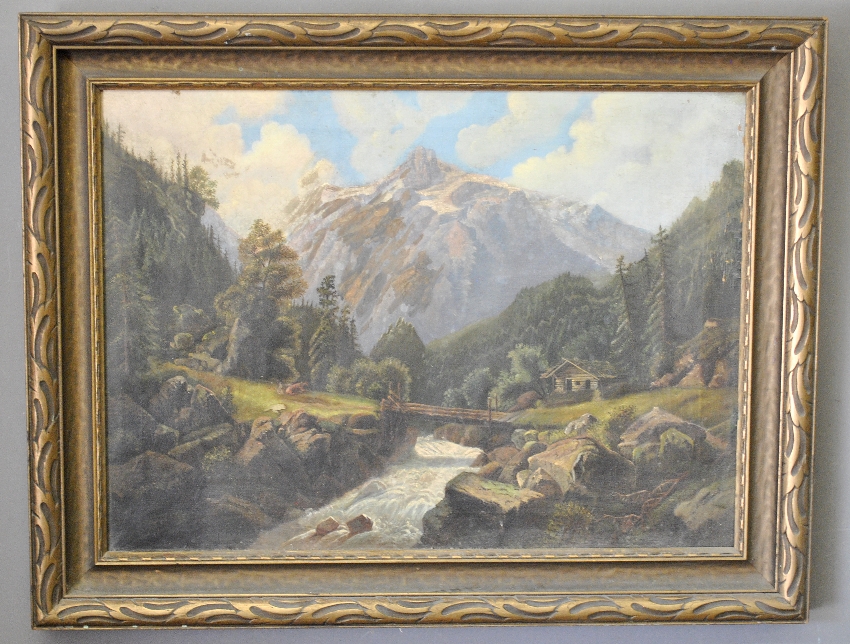 Appraisal: - Oil on canvas alpine landscape painting with cabin and