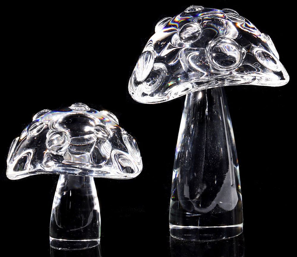 Appraisal: TWO DIFFERENT STEUBEN ART GLASS CRYSTAL MUSHROOMS Circa Engraved signature