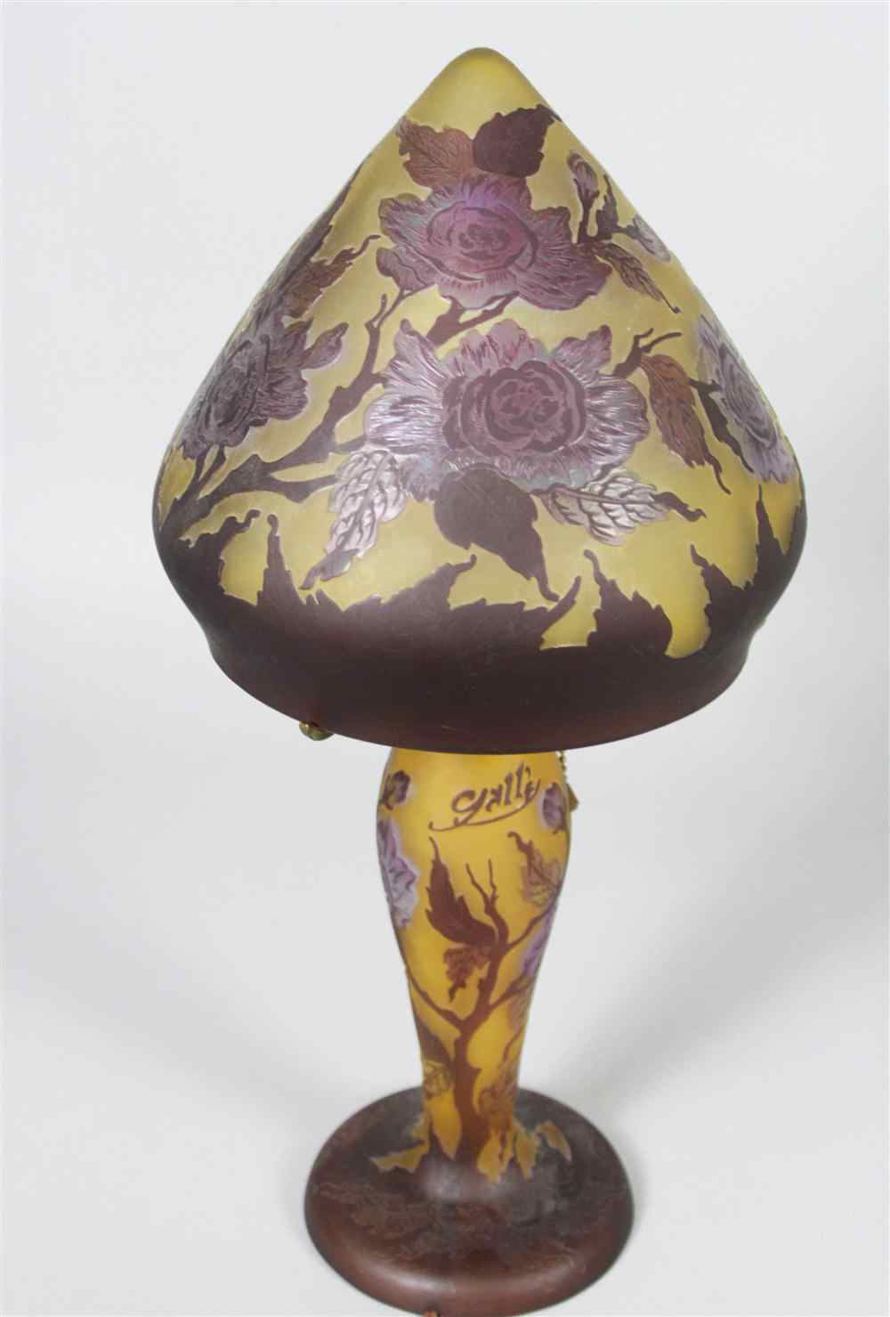 Appraisal: GALLE STYLE CAMEO GLASS TABLE LAMP with pyramidal shade and