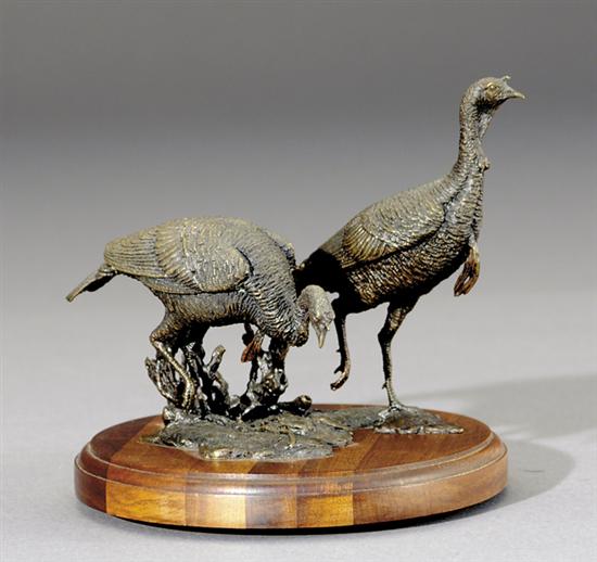 Appraisal: Tom Tischler American th century TURKEYS IN NATUREbronze on wood