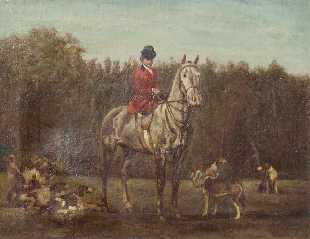 Appraisal: FEMALE FOX HUNT RIDER ON HORSE BACK WITH HOUNDS AT